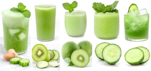 Refreshing green drinks and cucumbers showcase vibrant colors and healthy ingredients, perfect for summer or detox themes.