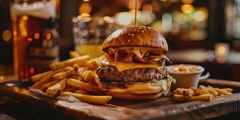 Sticker - Cheeseburger and French fries served on a wooden tray