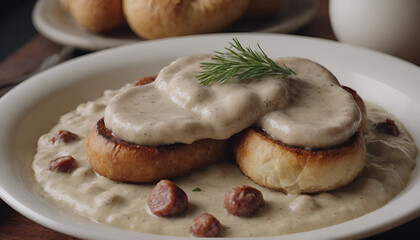 Sticker - sausage gravy on a plate with bread