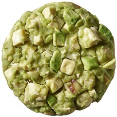 A close-up of a green cookie with chunks of white chocolate and apple pieces.