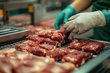 Wall Mural - A worker's gloved hands are handling raw meat. This image captures the process of preparing meat in a factory or processing facility.