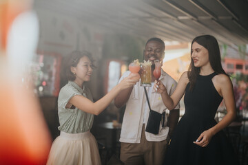 multicultural businesspeople enjoying drinks and celebrating success together in an outdoor cafe. te