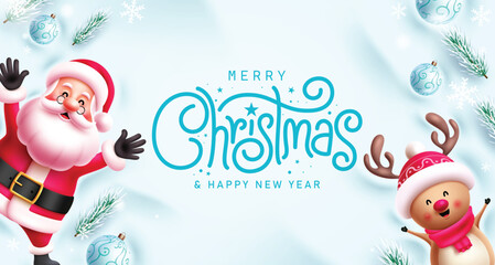 Canvas Print - Christmas greeting vector template design. Merry christmas greeting text in empty space cold winter background with happy santa claus, cute reindeer characters, frost fir leaves,  xmas balls 