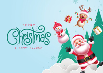 Canvas Print - Merry christmas greeting card vector design. Christmas greeting text with happy reindeer holding candy cane, waving santa claus, friendly snowman characters in paper cuts blue pine trees and clouds. 