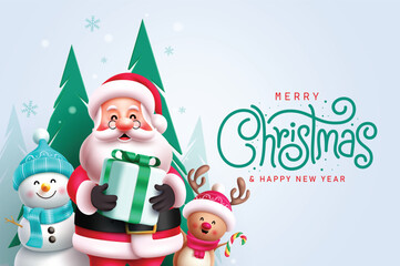 Wall Mural - Merry christmas greeting vector template design. Christmas greeting text in paper cuts blue pine trees background with santa claus holding gift box elements, snowman and reindeer characters. Vector