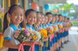 © Vasiliy - girl first day of school year. Girl with bouquet of flowers. September 1. Knowledge Day.