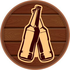 Sticker - Wooden cask with beer bottles label. Drink emblem