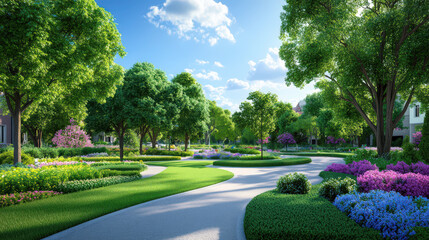 A vibrant park scene featuring lush greenery, blooming flowers, and serene pathways under a bright blue sky.