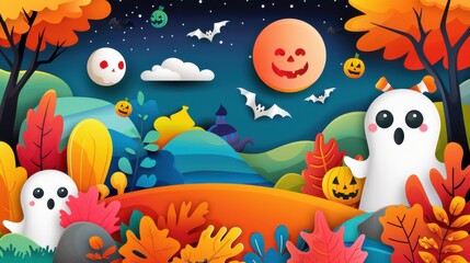 Wall Mural - High-resolution vector of an abstract cute Pocong Halloween display background with charming elements and bright colors, playful and artistic design