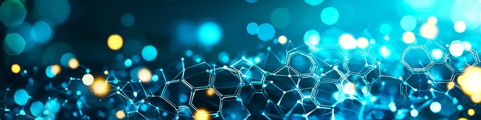Wall Mural - an abstract blue and green technology background with hexagons and geometric shapes with blur.