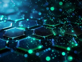Wall Mural - AN abstract blue and green technology background with hexagons and geometric shapes with blur. 
