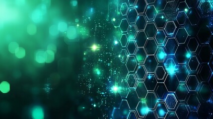 Wall Mural - AN abstract blue and green technology background with hexagons and geometric shapes with blur. 