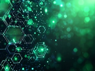 Wall Mural - an abstract blue and green technology background with hexagons and geometric shapes with blur.