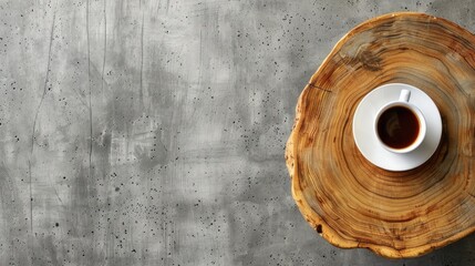 Wall Mural - Wooden table with cup of coffee on concrete backdrop