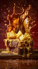 Wall Mural - Caramel Sauce Splashing Over Bread.