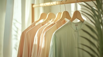 Wall Mural - A row of pastel-colored shirts neatly hanging on wooden hangers, bathed in soft natural light.