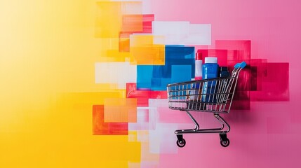 A vibrant shopping cart on a colorful background showcasing modern retail concepts and promotional themes.