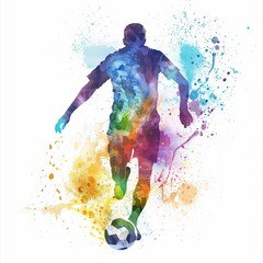 vibrant watercolor illustration of a soccer player dribbling the ball, with splashes of bright colors creating a dynamic and energetic scene on a white background.