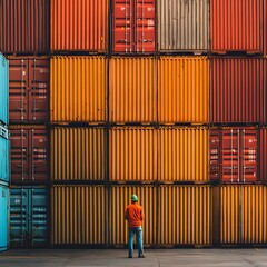 A man in a hard hat stands in front of a stack of shipping containers.