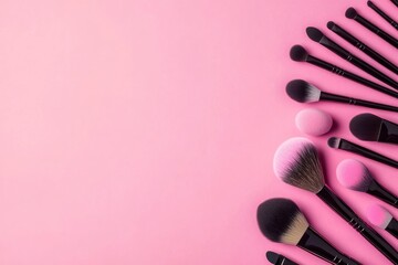 Wall Mural - makeup brushes and sponges used to apply makeup flat lay with space for words on pink background wit