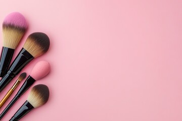 Wall Mural - Makeup brushes and sponges used to apply makeup flat lay with space for words on pink background with generative ai