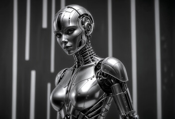 robotic model in a minimal costume that juxtaposes sharply against her smooth, metallic skin, stands before an alternating black and white striped background