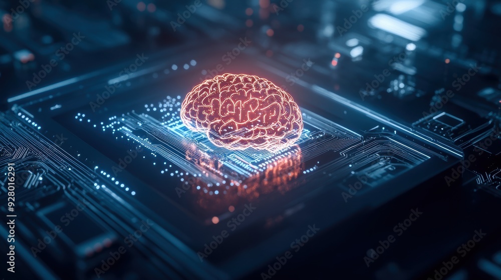 Big data and AI concept with a human brain glowing from a processor ...