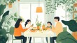 © Supranee - A cozy family dinner scene surrounded by greenery and plants, showcasing warmth, togetherness, and joy in a bright atmosphere.