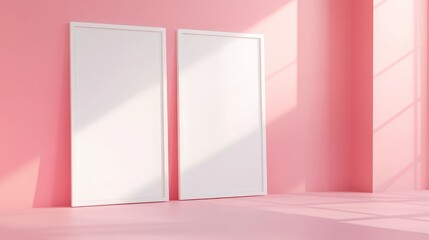 Two white picture frames on pink background