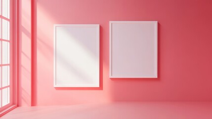 Two white picture frames on pink background