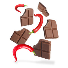 Canvas Print - Pieces of chocolate and chili peppers in air on white background