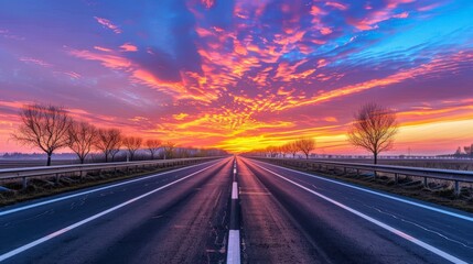 A long road stretches towards a vibrant sunrise, framed by bare trees, creating a picturesque scene.