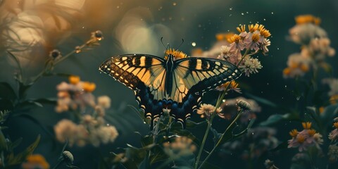 Sticker - Eastern Tiger Swallowtail Butterfly Making Eye Contact as It Sips Nectar from a Flower