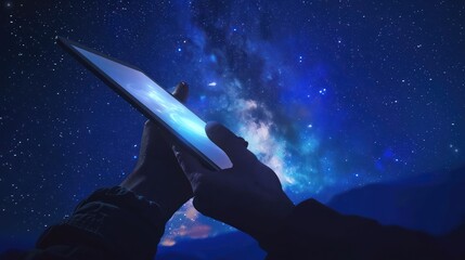 Silhouette of a Person Holding a Tablet Against a Night Sky with Stars