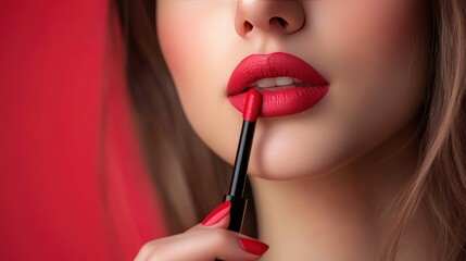 Close up of a woman's lips with red lipstick being applied with a lipstick tube.