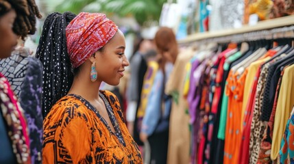 woman shopping for colorful clothing at outdoor market with diverse fashion options