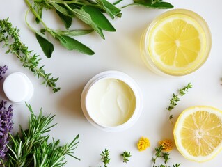 Natural Skincare Products with Fresh Herbs and Lemon Slices on White Background