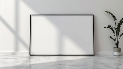 thin black bezel frame mockup, 16:9 frame on an empty white wall with generative ai