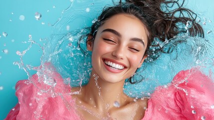 Close up portrait of a beautiful woman with long dark hair smiling in a pink shirt with water splashing around her.