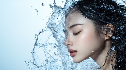 Wall Mural - A young woman with long black hair is submerged in water, creating a beautiful splash. Her eyes are closed and her expression is peaceful.