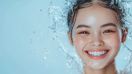 Closeup of a woman's face with water splashing around her.