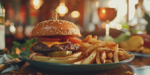 Sticker - Delicious homemade cheeseburger served with golden crispy French fries on a plate