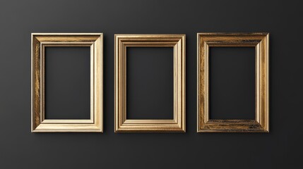 Three gold picture frames on black background