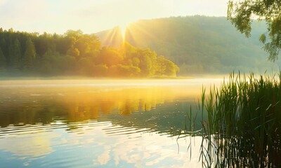 Wall Mural - Serene lake scene at sunrise with reeds and trees