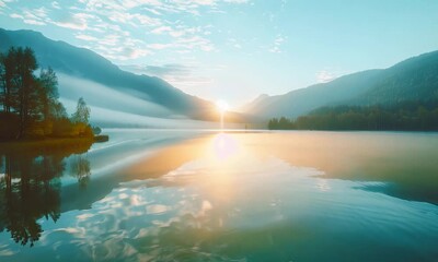 Wall Mural - Serene sunrise over a calm mountain lake