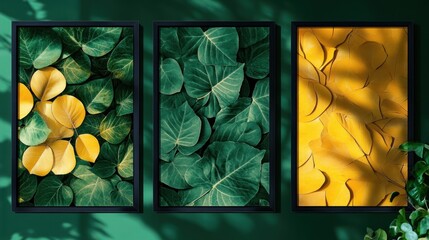 Set of art poster with abstract leaves green and yellow color.