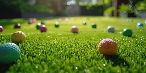 Poster - Lush artificial turf golf course with vibrant green grass and colorful balls captured from a flattering angle