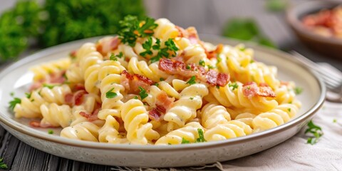 Sticker - Creamy pasta dish with crispy bacon bits and fresh parsley on a white plate