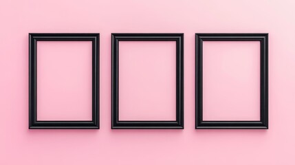 Three black picture frames on pink background