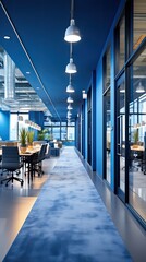 Sticker - blue office corridor, concrete floor, loft-style windows, continuous ceiling lights, business and financial design theme, spacious interior concept, AI .  